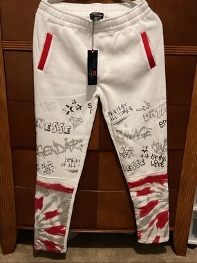 Studio White Jogger Pants with Red Accents and Gray Graffiti